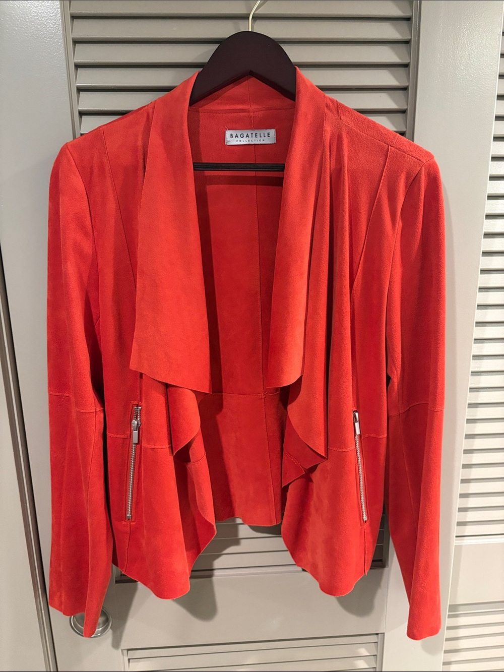 bagatelle Red-Orange Draped Open-Front Jacket with Zip Pockets